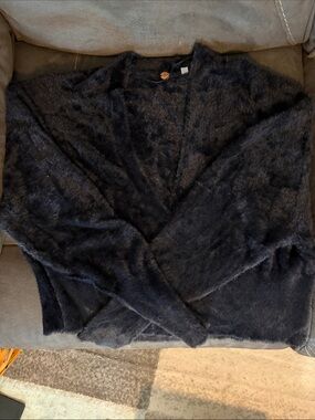 Women's Black Fuzzy V-Neck Cardigan Sweater